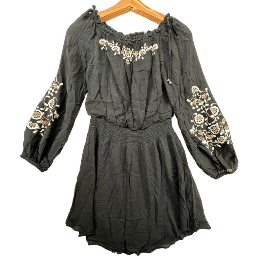 White House Black Market Dress Sz XS Black Peasant Boho Embroidered Off Shoulder